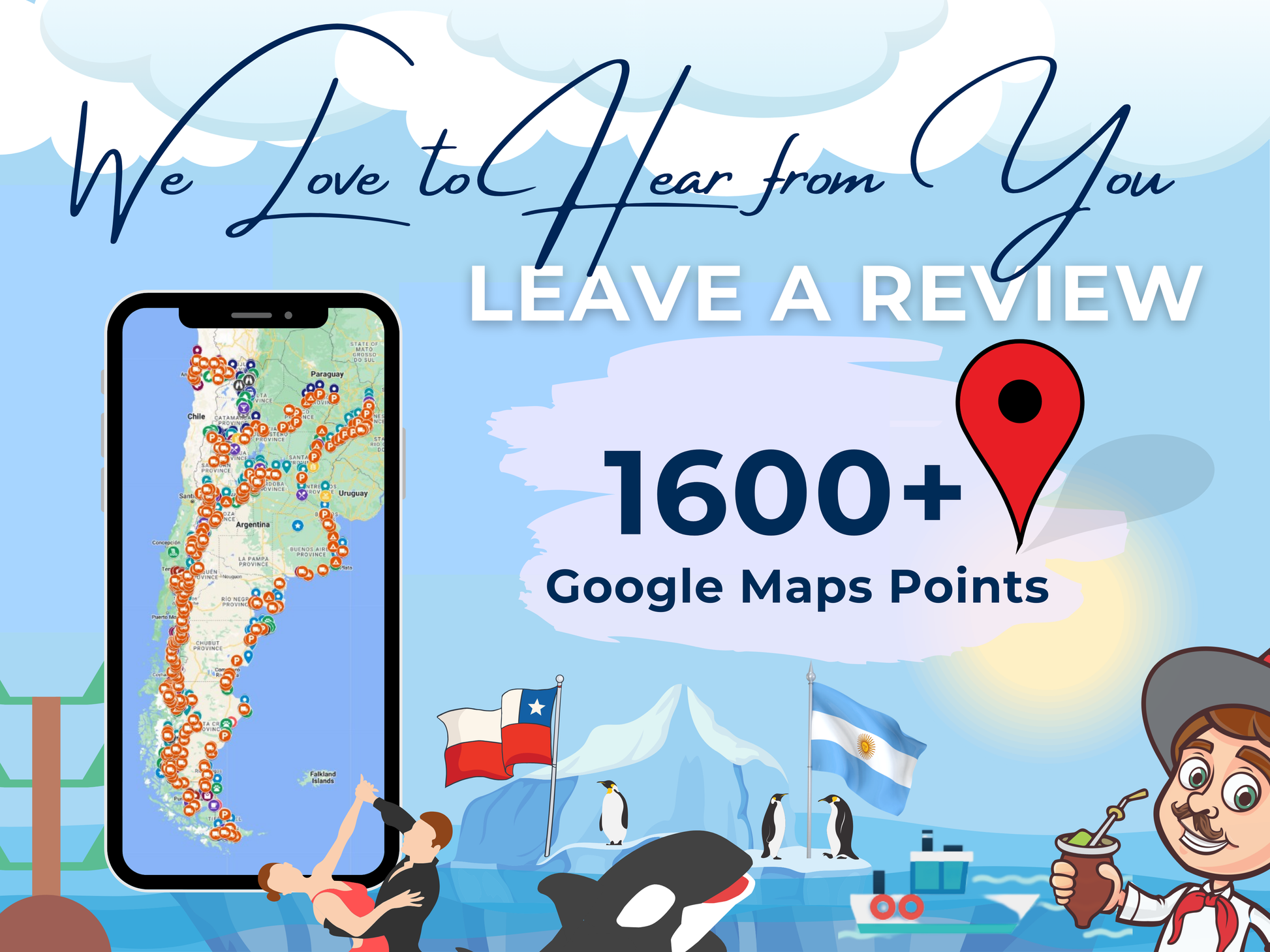 Argentina Chile Travel Guide. 1600+ Google Map Destinations