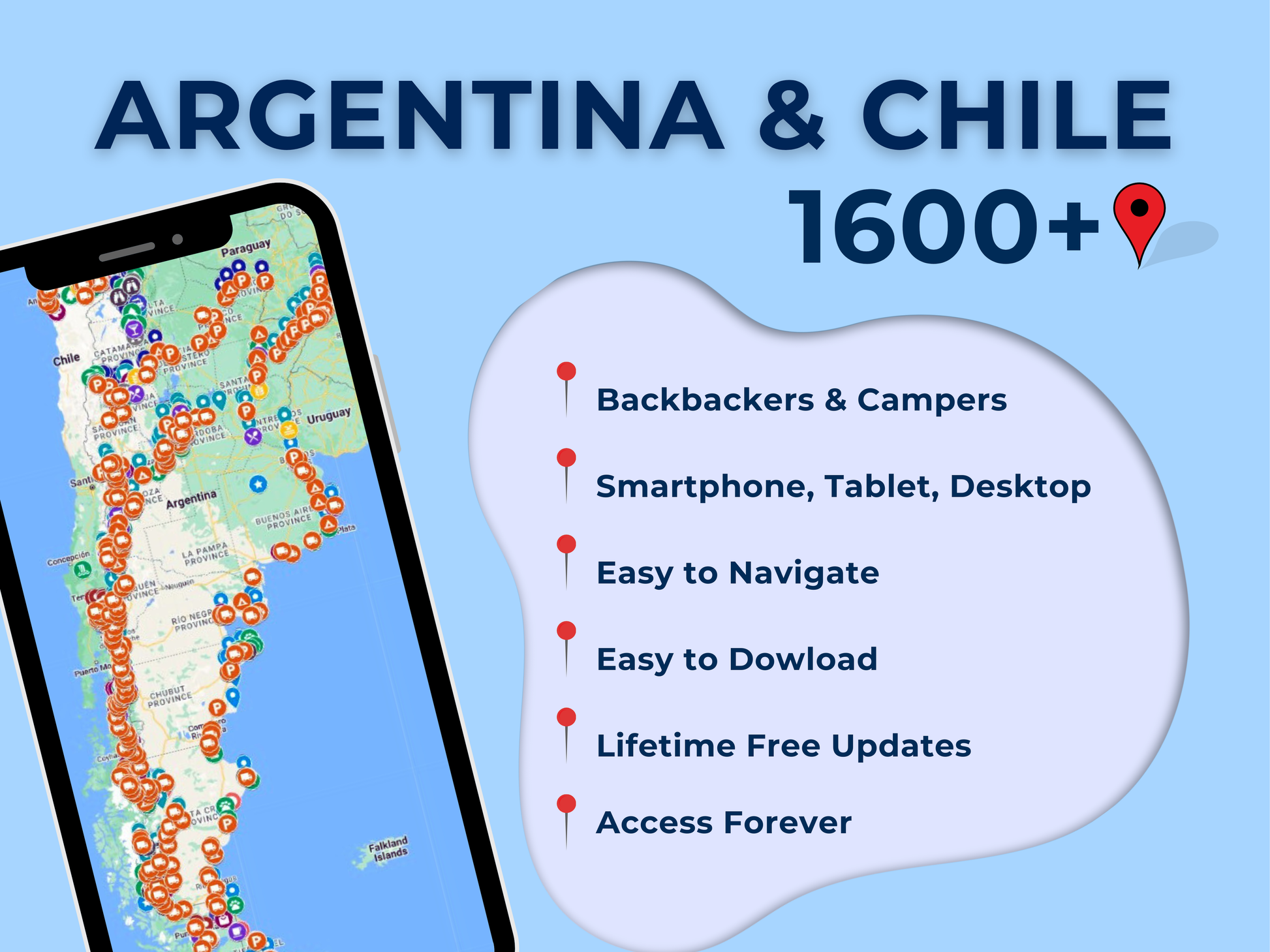 Argentina Chile Travel Guide. 1600+ Google Map Destinations